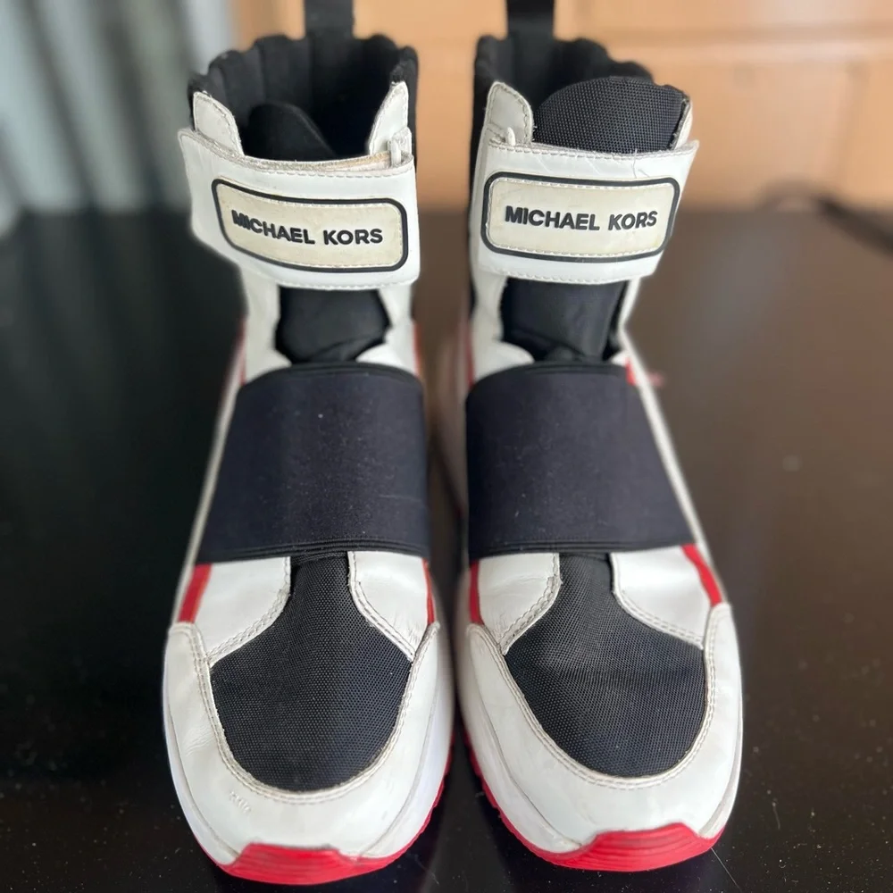 Michael Kors Black and White High-Top Sneakers with Red Accents - Picture 2 of 16